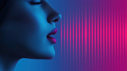 Skills and abilities in multilingual speaking, captivating and engaging speech, persuasive speaking that makes the audience feel good. A woman's lips representing speech and communication.