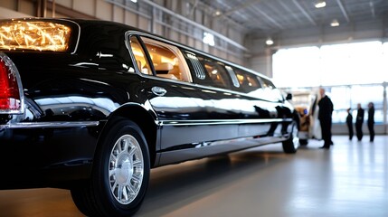 Elegant black limousine parked indoors for luxury events and special occasions : Generative AI
