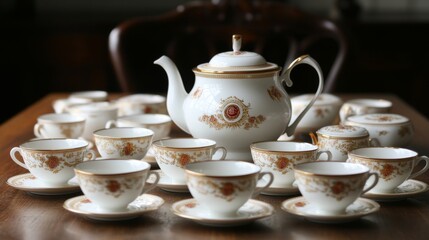 Elegant porcelain tea set on wooden table