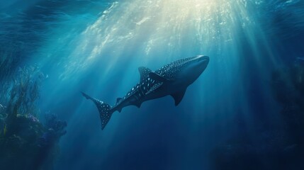 A whale shark swimming peacefully through the azure ocean, its spotted body illuminated by sunlight.
