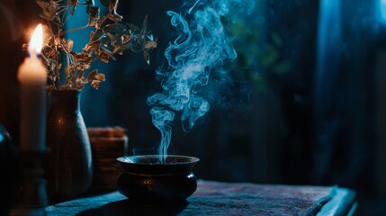 Mystical scene with smoke, candles, and ritual elements