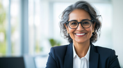 A cheerful older Indian business leader woman in glasses and formal attire, posing for a professional portrait in her office. She smiles and laughs confidently while looking at the