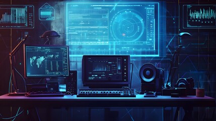 Obraz premium Futuristic workspace, sleek desk setup with digital screens and glowing elements, ideal for tech-savvy professionals.