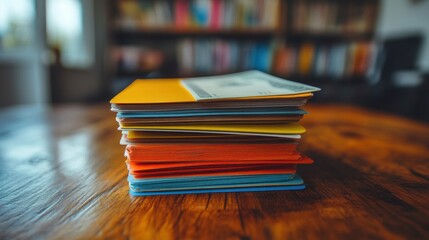 Stack of colorful folders and documents on a wooden table, near a blurred bookshelf.