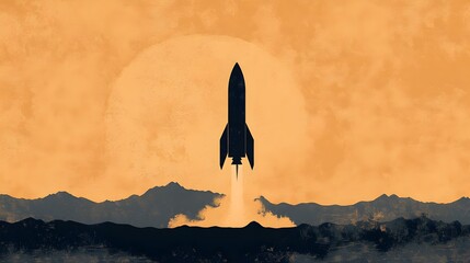 Rocket launching against a sunset sky, bold silhouette seen over mountains, symbolizing innovation and adventure, copy-space available.