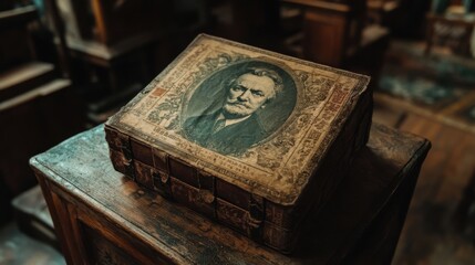 Antique book with portrait, resting on a wooden surface.  Intricate details and aged patina suggest history and artistry.