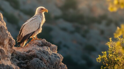 A young Egyptian vulture basking in the early morning light on a cliff ledge in Monfrage, with soft shadows highlighting its textured plumage.