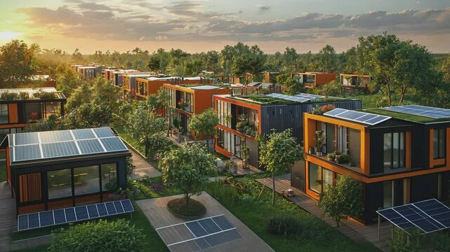 Sustainable Eco-Village: A birds-eye view showcases a vibrant eco-village, where modern modular homes harmoniously blend with lush greenery and solar panels.
