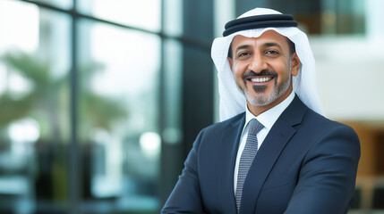 Fototapeta premium A headshot portrait of an Arabic businessman in a formal jacket, smiling with confidence and looking at the camera. His professional appearance represents his role as a company bos