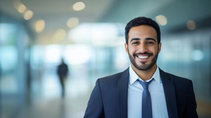 Fototapeta premium A headshot portrait of an Arabic businessman in a formal jacket, smiling with confidence and looking at the camera. His professional appearance represents his role as a company bos