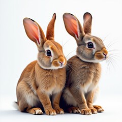 Obraz premium Two fluffy brown rabbits sitting together on a white background