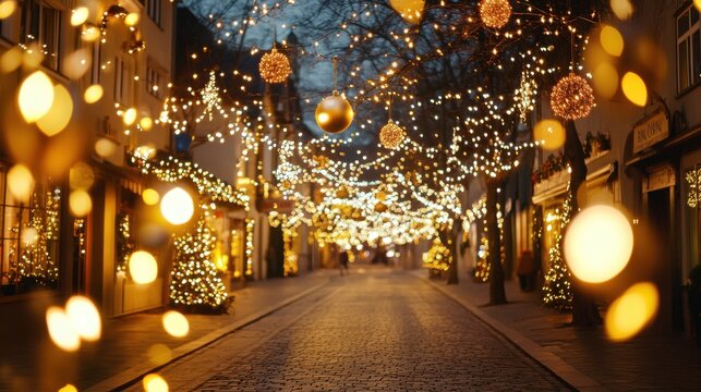 Beautifully decorated streets near St. Mary's Church in Celle, Germany, with Christmas lights glowing warmly, creating a magical holiday evening scene.
