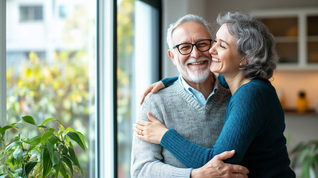 A proud and happy elder foster mother stands by the window, joyfully embracing her grown-up adopted son. The warmth and care between them are evident as they share a heartfelt fami