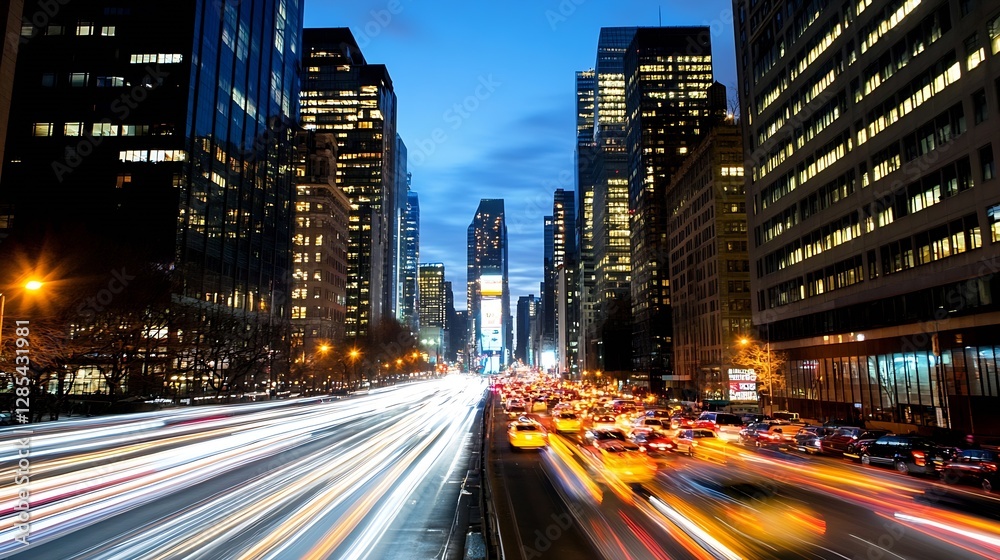 Poster dynamic city street scene at twilight showcasing vibrant traffic and illuminated skyscrapers : gener