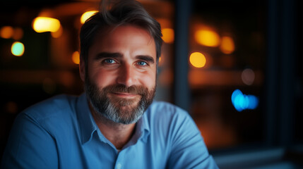 Obraz premium Close-up of an attractive man with a beard smiling gently into the camera at his office workspace late in the evening. The soft indoor lighting creates a cozy and intimate mood, pe