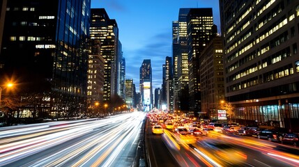 Obraz premium Dynamic city street scene at twilight showcasing vibrant traffic and illuminated skyscrapers : Generative AI