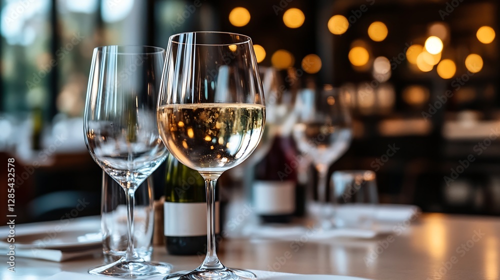 Poster elegant wine glasses set against a softly lit bistro background for a classy dining experience : gen