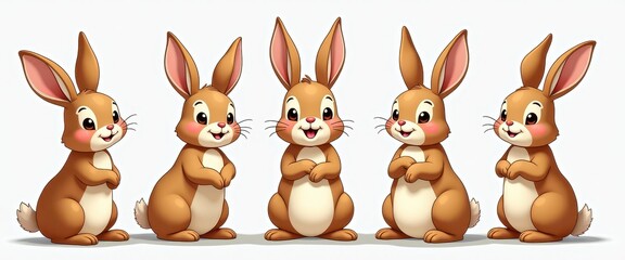 Naklejka premium Set of 5 Cute Cartoon Brown Bunnies Standing on White Background