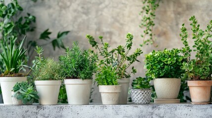 Lush green potted plants arranged on a concrete surface