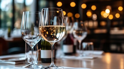 Elegant wine glasses set against a softly lit bistro background for a classy dining experience : Generative AI