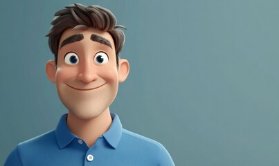 a charming animated portrait of a smiling man with a friendly expression, wearing a blue polo shirt