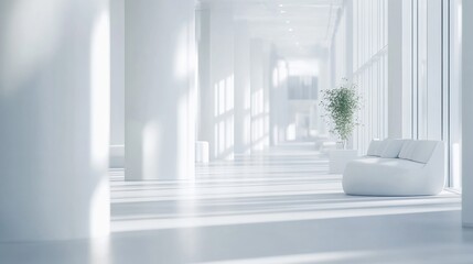 Blurred view of a bright, airy open office with minimalist white furnishings, offering a clean, modern background for design inspiration.