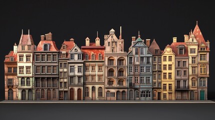 Fototapeta premium ヨーロッパ調の古い建物の3Dイラスト、黒背景