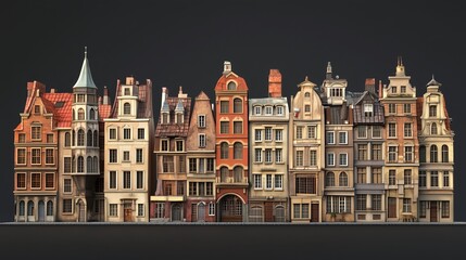 Naklejka premium ヨーロッパ調の古い建物の3Dイラスト、黒背景