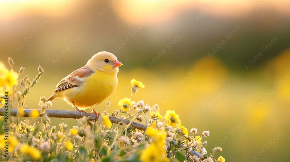 Poster charming yellow bird perched on a branch surrounded by vibrant flowers : generative ai
