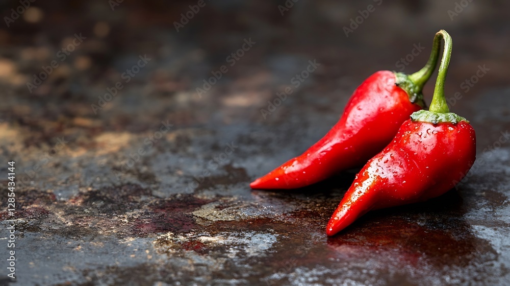 Poster two fresh red chili peppers on a rustic surface ready for cooking : generative ai
