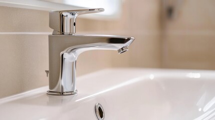 Bright bathroom setup with a wall-mounted faucet and a rectangular white sink, emphasizing a minimalist design.