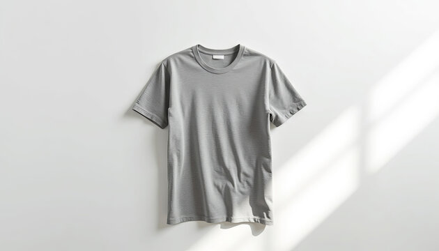Plain gray tshirt hangs against a white wall with sunlight