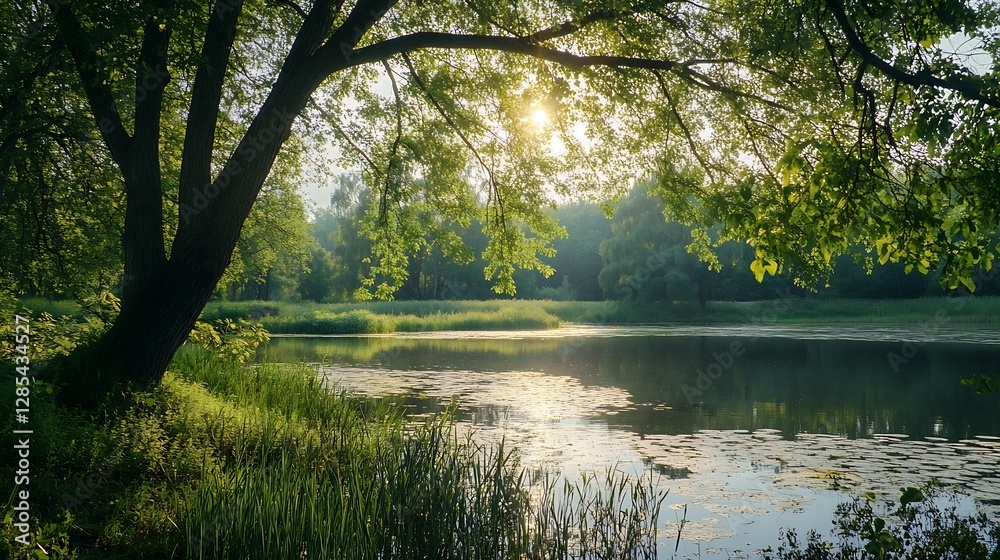 Poster serene lakeside view with sunlight filtering through trees natural beauty : generative ai