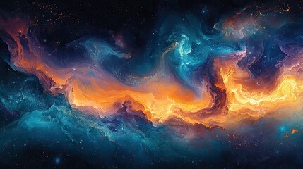 Fototapeta premium A vibrant abstract artwork features swirling colors and textures, radiating light and energy The piece evokes a sense of cosmic wonder and depth with rich hues of blue, orange, and purple
