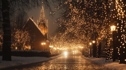 Christmas lights illuminating the streets near St. Mary's Church in Celle, Germany, creating a festive and peaceful atmosphere on a cold winter evening.