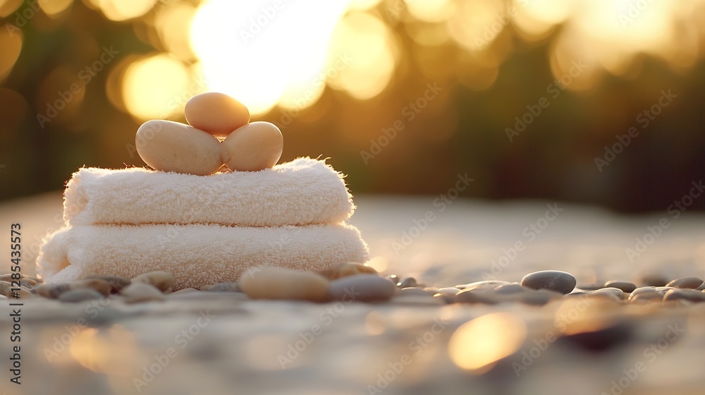 Poster peaceful arrangement of smooth stones and luxury towels in serene setting : generative ai