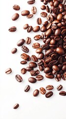Obraz premium Freshly roasted coffee beans scattered on a white background highlighting rich textures and colors