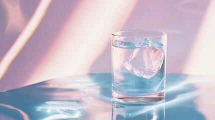 Glass of water reflecting soft pastel colors