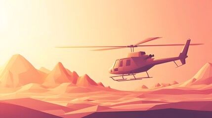 Helicopter flying over mountains, vibrant sunset colors, adventure theme, suitable for travel and exploration content.