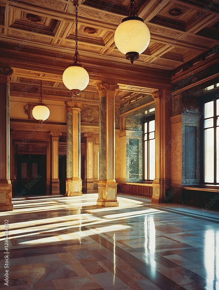 Poster gorgeous historic building interior with elegant lighting and architectural features : generative ai