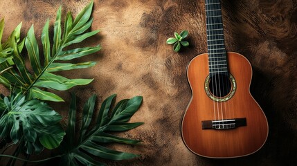 Tropical setting with a wooden guitar on rustic ground