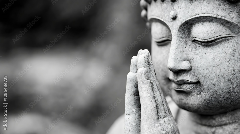 Poster serene close up of stone buddha statue with praying hands in monochrome : generative ai