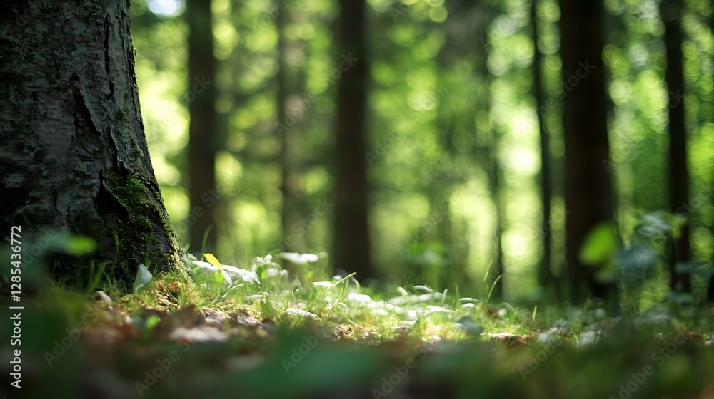 Poster Lush green forest scene with sunlight filtering through trees : Generative AI