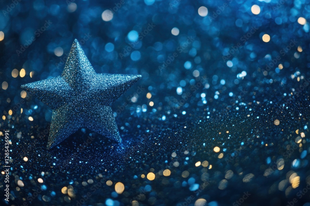 Aufkleber glittering blue star amidst a shimmering particle background in deep space, blue star in space parti