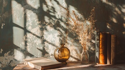 Rustic still life with golden bottle and dried plants