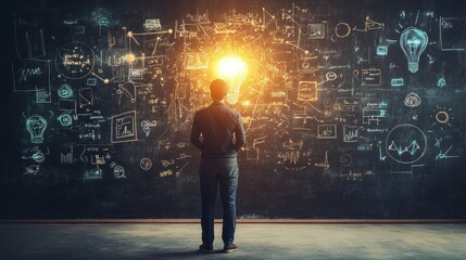 Back view, The teacher stands in front of the blackboard., with a bright light bulb above, surrounded by digital and technological symbols icons.