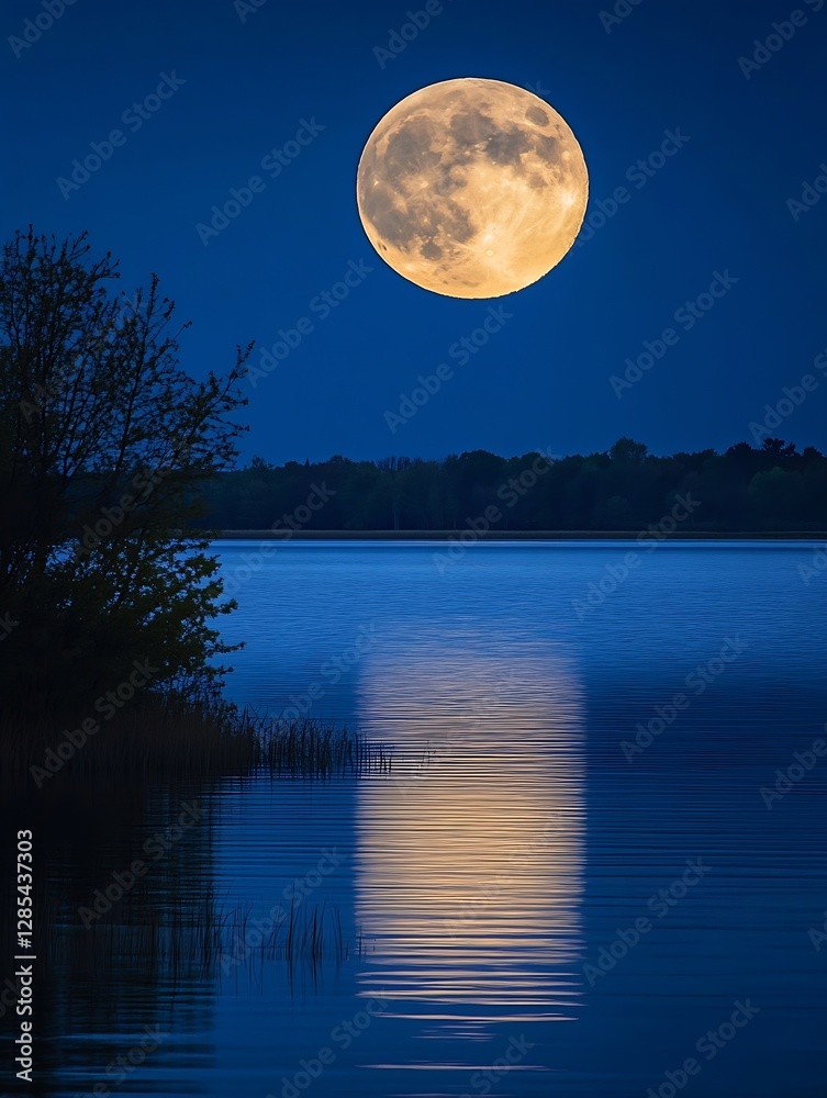 Poster stunning full moon reflecting on calm water at dusk creating an enchanting night scene : generative 