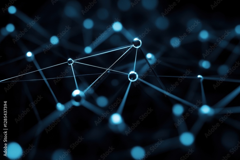 Poster network connections visualized in a server room with glowing nodes and lines showcasing data flow an
