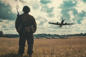 Soldier observes aircraft flying over a field during military operations, Low angle, ww2 soldier watches planes in field