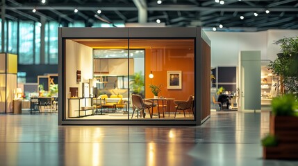 Modern office space with glass walls and furniture